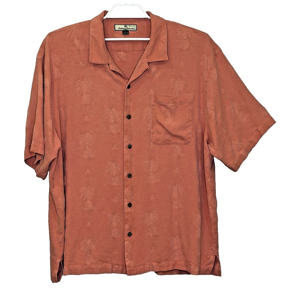 Tommy Bahama Shirt Mens Size XXL Orange 100% Silk Embossed Tropical Short Sleeve